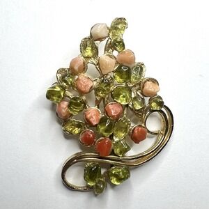Vintage Leaf Brooch Gold Tone Metal Green Peach Stones 2 Inch Fashion